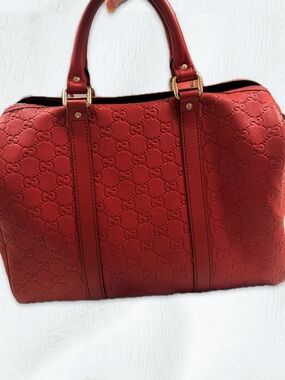 Gucci Red Embossed GG Leather Satchel with Gold Hardware